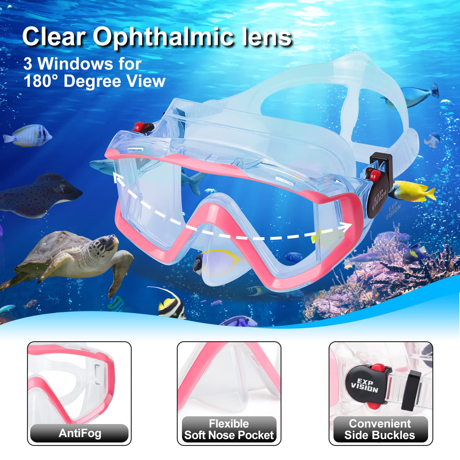 Dry Snorkel Set, Pano 3 Window Snorkel Mask, Anti-Fog Scuba Diving Goggles and Snorkel, Professional Adult Snorkeling Swim Mask Gear (Pink Set)