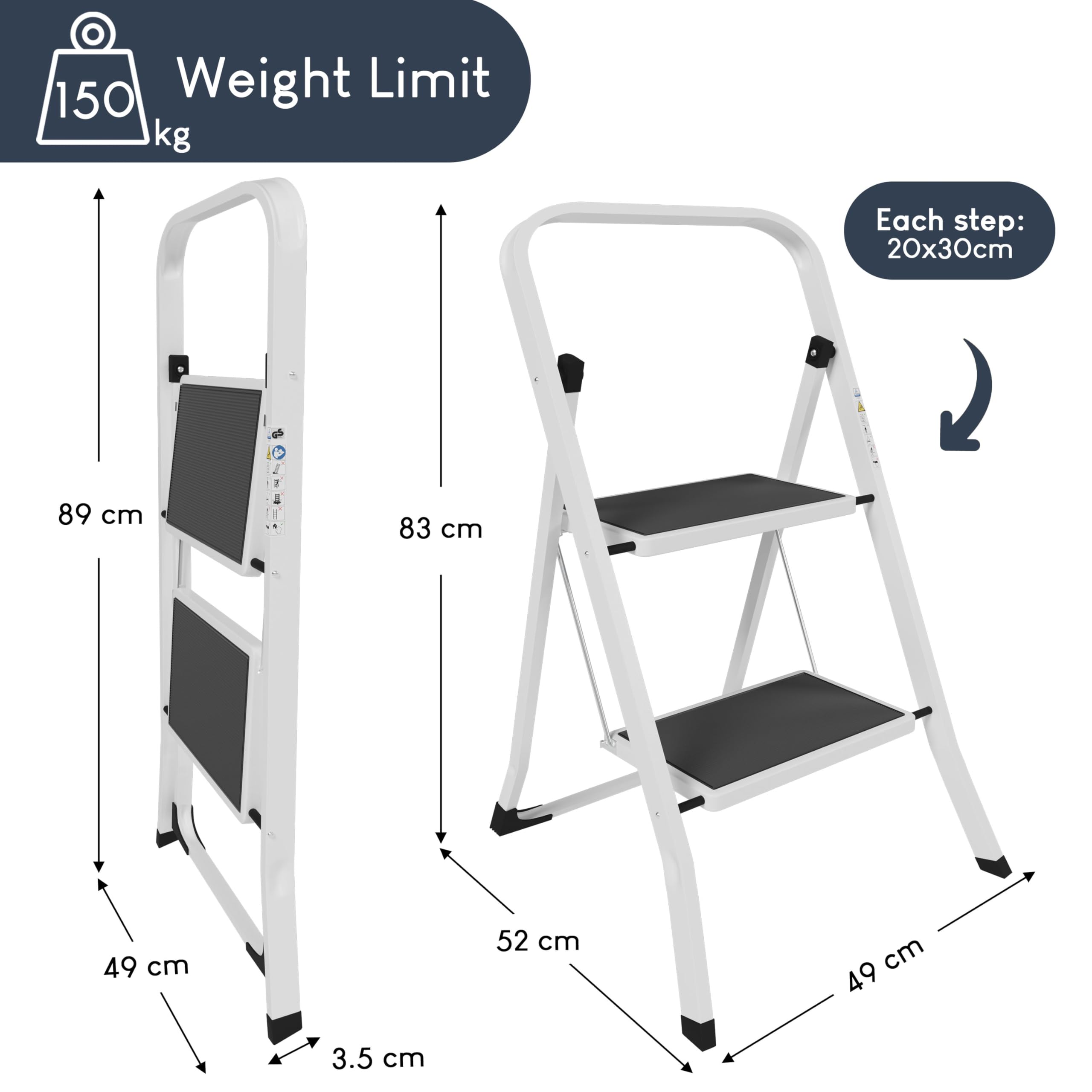 Home Vida 3 Step Ladder - Heavy Duty Steel Folding Ladder with Slip-Resistant and Wide Steps, Folding Mechanism, 150kg Max Load, Home/Kitchen/DIY/Garden Use, White