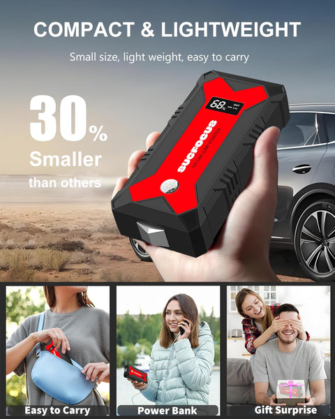 Jump Starter Power Pack, 2500A Car Battery Booster Jump Starter (for 8.0L Gas or 6.5L Diesel Engine), Car Jump Starter Power Bank, Battery Jump Starter with Jump Leads, LED Light/USB QC3.0