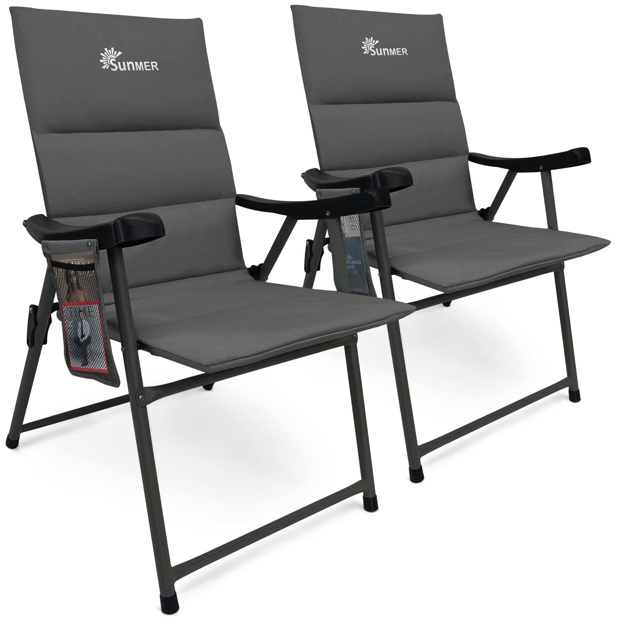 SUNMER Padded Garden Camping Chairs Foldable with Side Pocket, Holds up to 120kg, Lightweight 4kg per Chair, Outdoor Seat for Camping, Fishing, Relaxing - Black