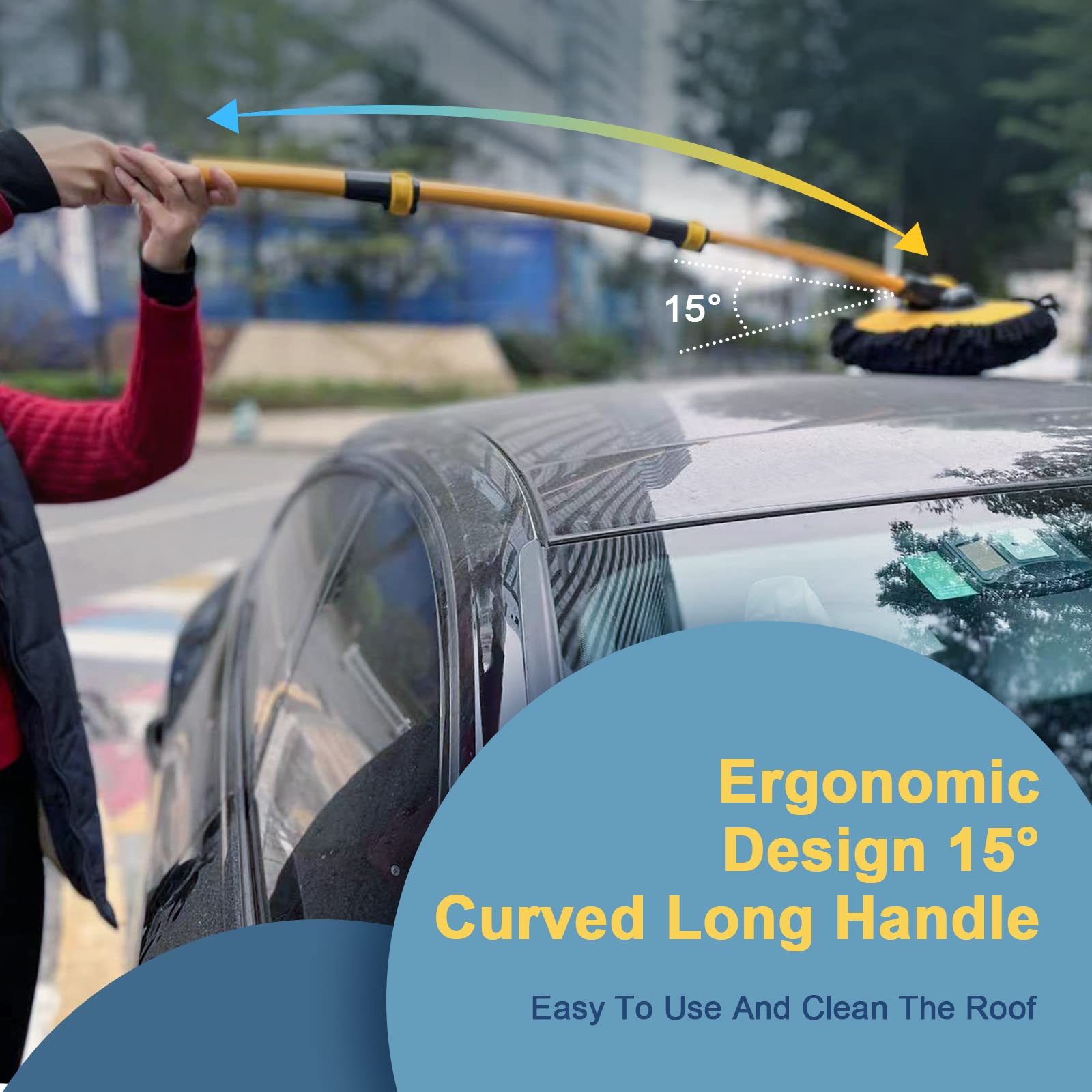 YeewayVeh Car Wash Brush, 43" Extendable Car Wash Brush Mop with Long Handle, 15 Degree Curved Soft Car Cleaning Brush kit with Extra Microfiber Brush Head for Truck SUV Cleaning, Orange