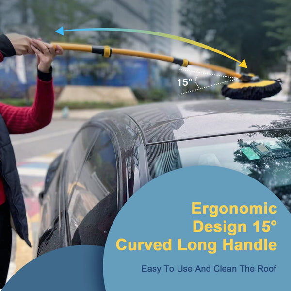 YeewayVeh Car Wash Brush, 43" Extendable Car Wash Brush Mop with Long Handle, 15 Degree Curved Soft Car Cleaning Brush kit with Extra Microfiber Brush Head for Truck SUV Cleaning, Orange