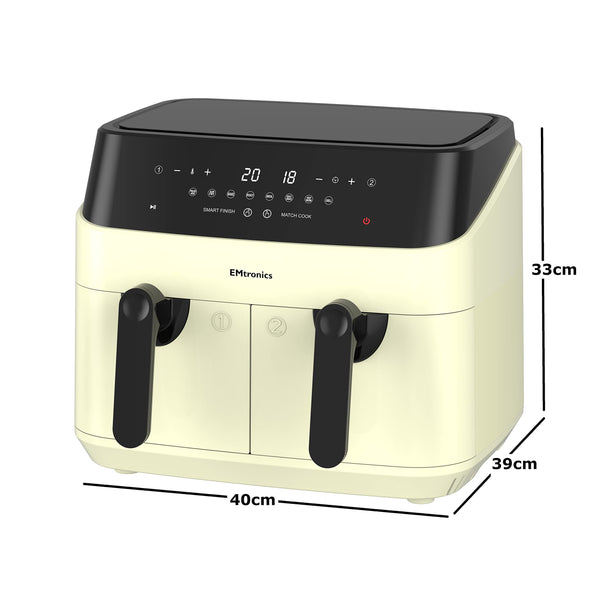 EMtronics EMAFDD9LCR Dual Air Fryer Extra Large Family Size Double XL 9 Litre with 8 Adjustable Pre-Set Menus for Oil Free & Low Fat Healthy Cooking,