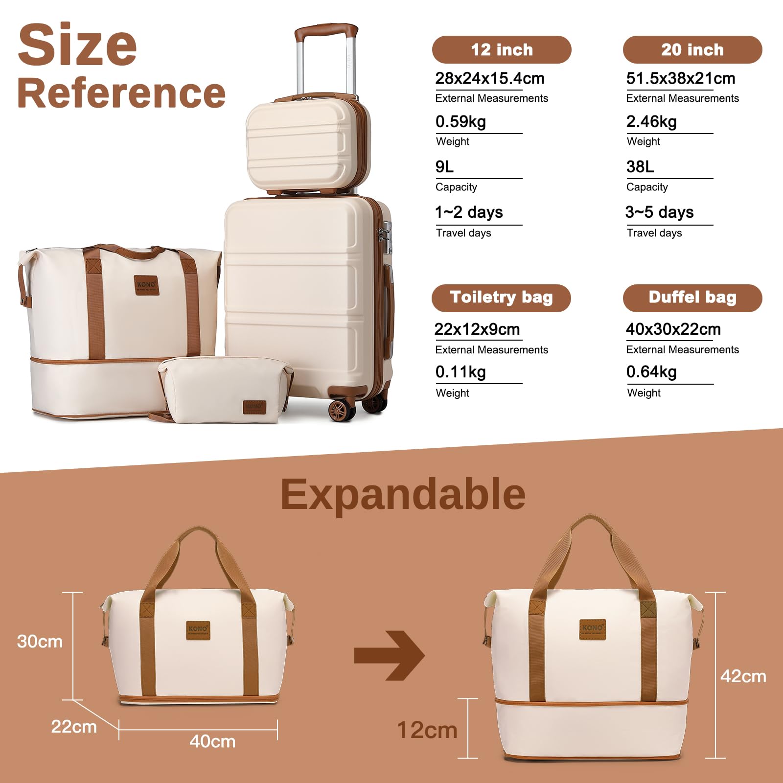Kono Travel Luggage Sets of 6 Piece Lightweight ABS Hard Shell Trolley Case with TSA Combination Lock 20" 24" 28" Suitcase + 12" Beauty Case + Duffel Bag & Toiletry Bag (Cream White)