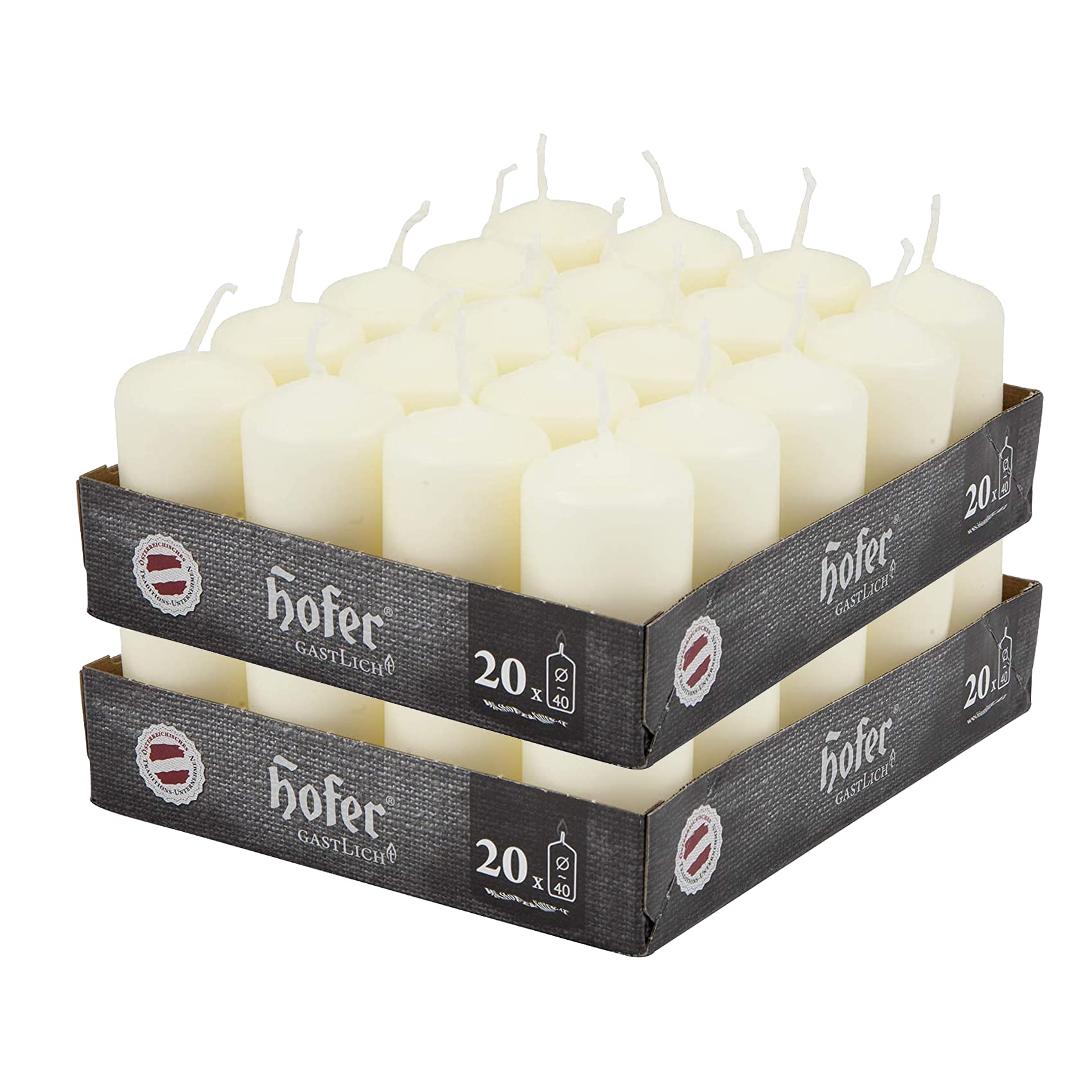 Hofer Ivory Pillar Candles - Set of 40 Decorative Small Candles - 4 x 7 cm - 11 Hours Long Burning - Unscented - Dripless - Smokeless - RAL Quality