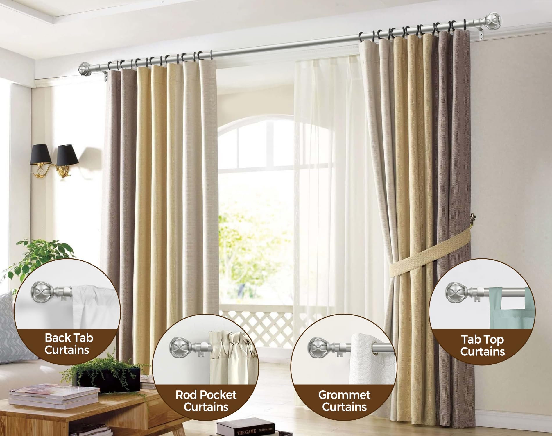 KAMANINA Curtain Poles for Eyelet Curtains 80 to 304 cm, Extendable Antique Silver Curtain Pole with Brackets, 22 mm Diameter Single Curtain Rod with