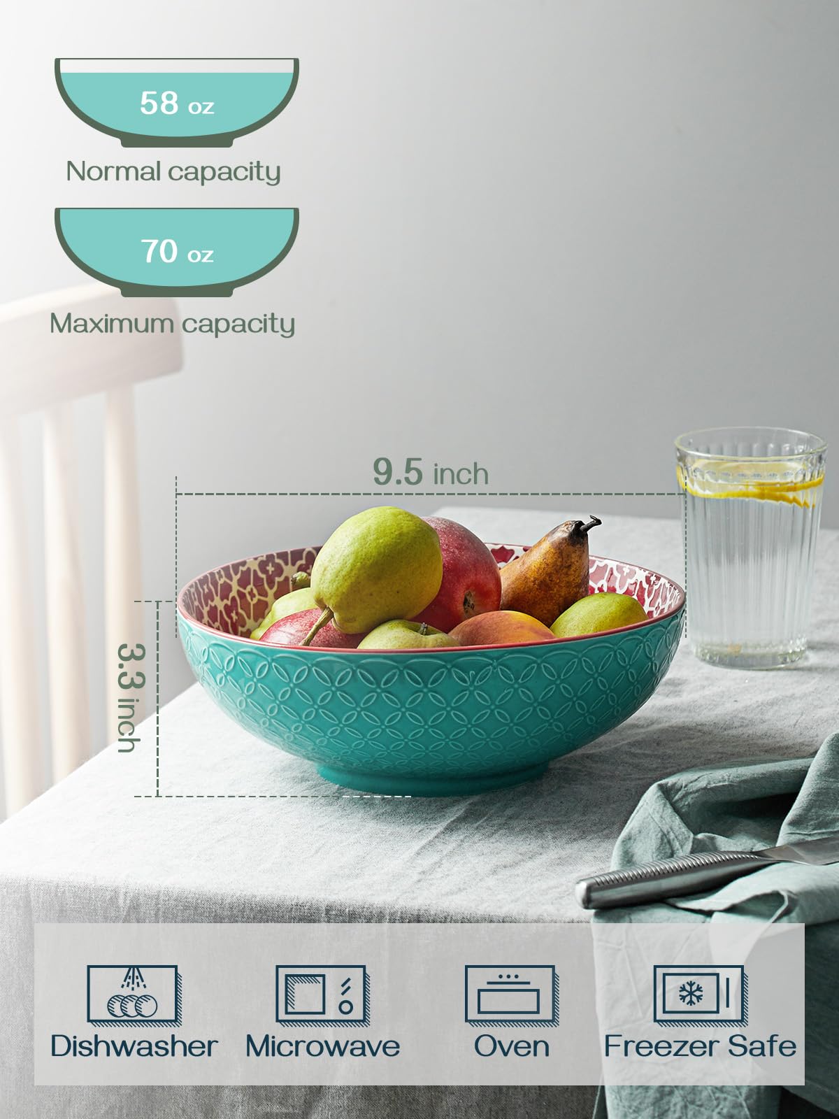 DOWAN Serving Bowls, 2000ML Fruit Bowls Salad Bowls, ?24cm Large Pasta Bowl Set of 2, Serving Dishes for Entertaining, Vibrant Colour Large Bowls for