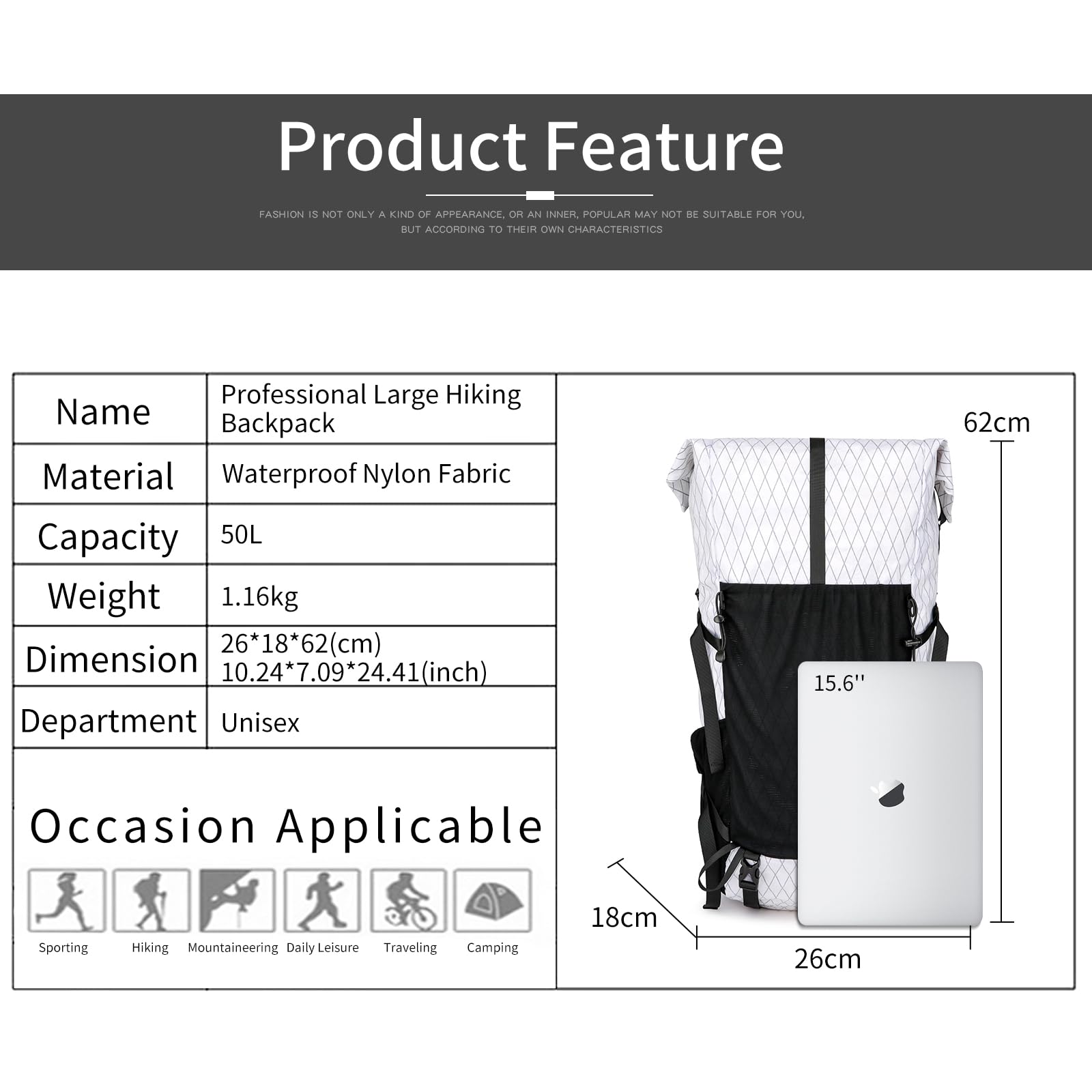 POWER KING 40L Expandable TO 50L Hiking Backpack,Upgraded X-PAC Scratch-proof Lightweight Large Rucksack for Mens Women, Outdoor Roll Top Camping Packsack, Fit for 15.6'' Laptop