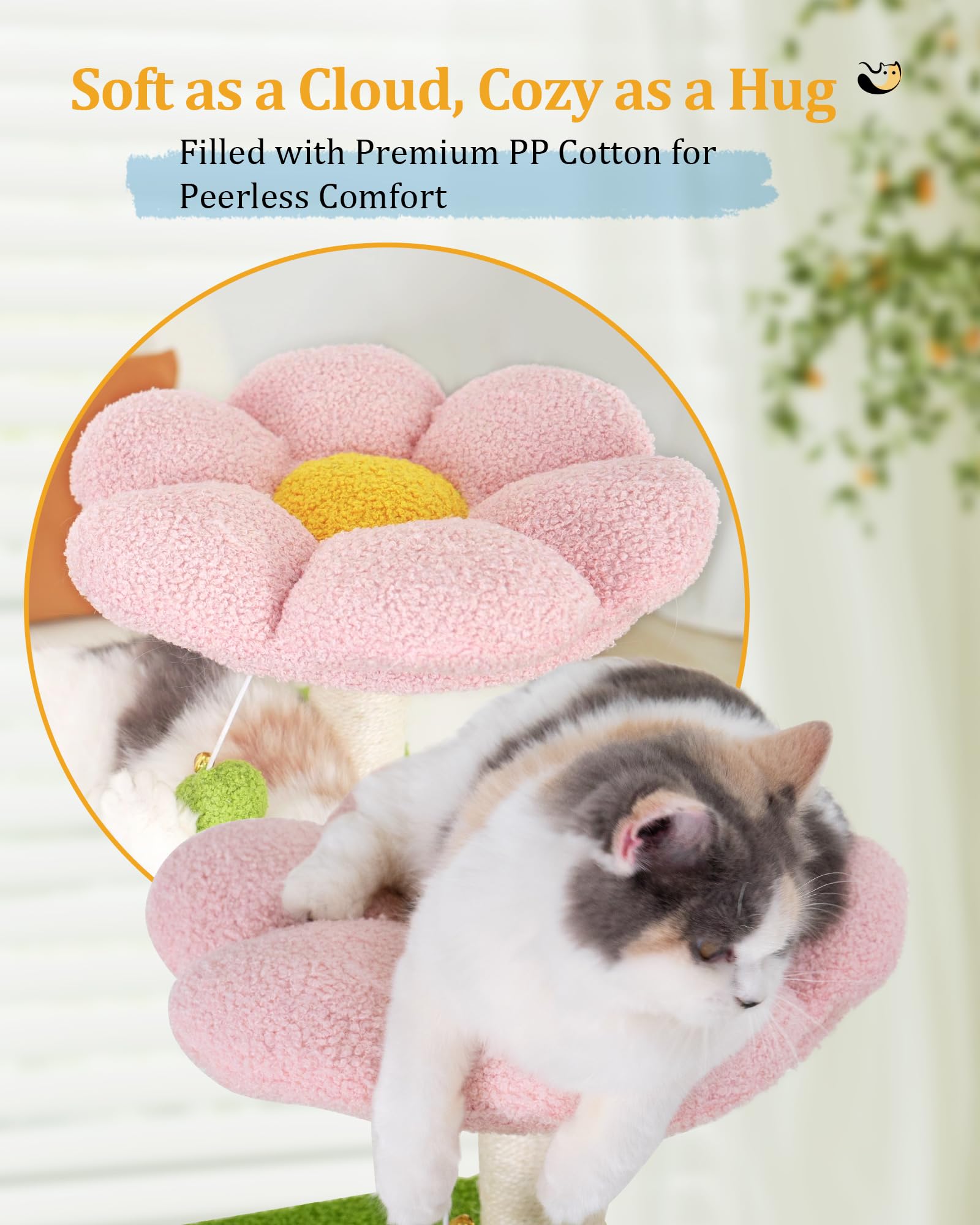 Aechonow 104cm Cute Cat Tree with Scratching Post, Indoor Flower Cat Tower, House Condo and Hammock for Small and Medium Kittens, Green Pink