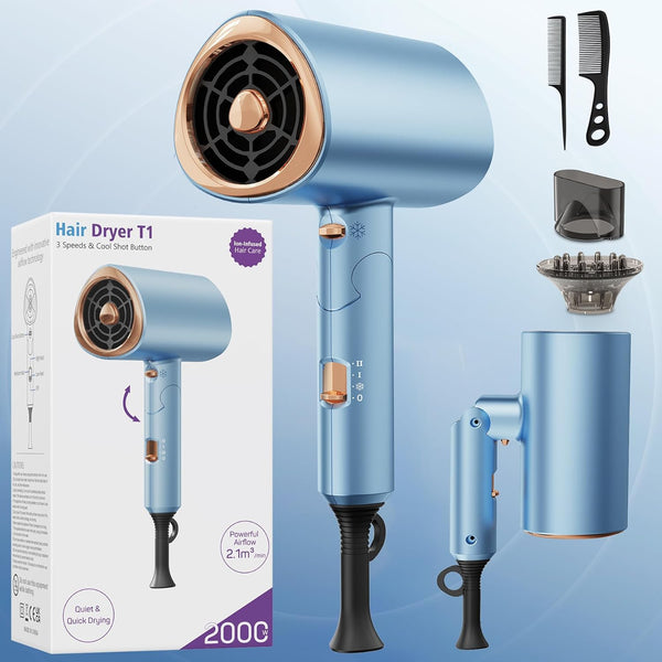 Foldable Ionic Hair Dryer 2000W Professional Blow Dryer with 2 Speed 3 Heat, Cool Shot, Diffuser & Concentrator, Styling Combs, for Men & Women, Blue