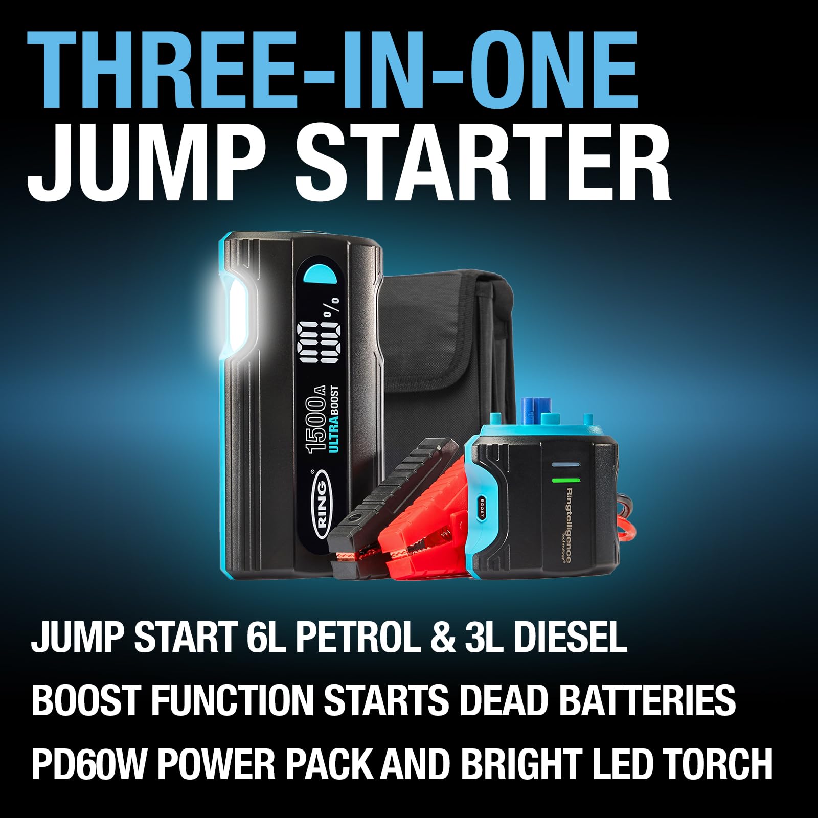 RING ULTRABOOST 1500A Car Battery Jump Starter Power Pack - Safely Starts Up to 6 Litre Petrol and 3 Litre Diesel Engines - Battery Booster with Jump Leads, Portable USB Powerbank and LED Torch
