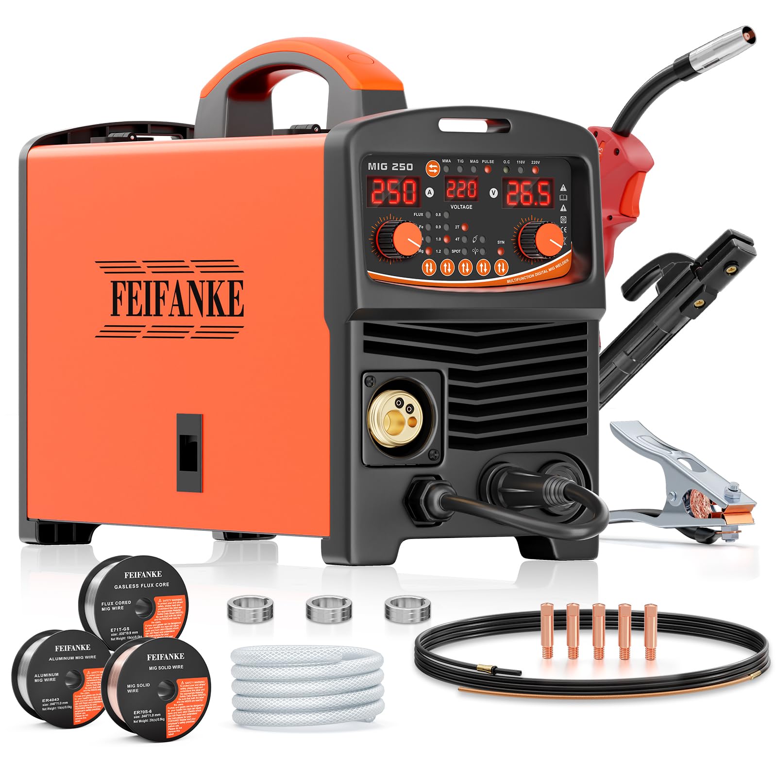 FEIFANKE Gasless MIG Welder 240V 145A Welding Machine MIG MAG 4 in 1 Gasless MIG/MIG/MMA/Lift TIG Welder Machine Inverter Synergy IGBT Suitable for 1.0-4.8mm Carbon Steel and Iron