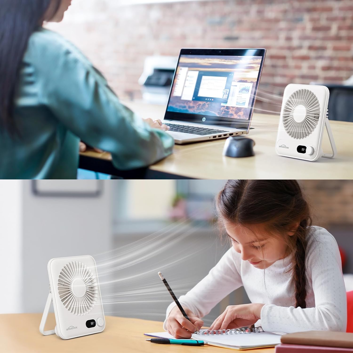WHATOOK Mini Desk Fan USB: 2000mAh Rechargeable Ultra Quiet 1-100 Speeds Desktop Fans with LED Display, 3-10H Runtime, Child-Safe Grille Cooling Small Portable Table-Fan for Home, Office & Travel