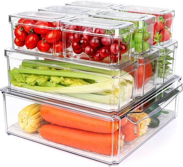 IVODEELA 10 Pack Fridge Organisers with Lids,Stackable Clear Fridge Storage Containers,Refrigerator Organiser With Drain Tray for Vegetable Fruit