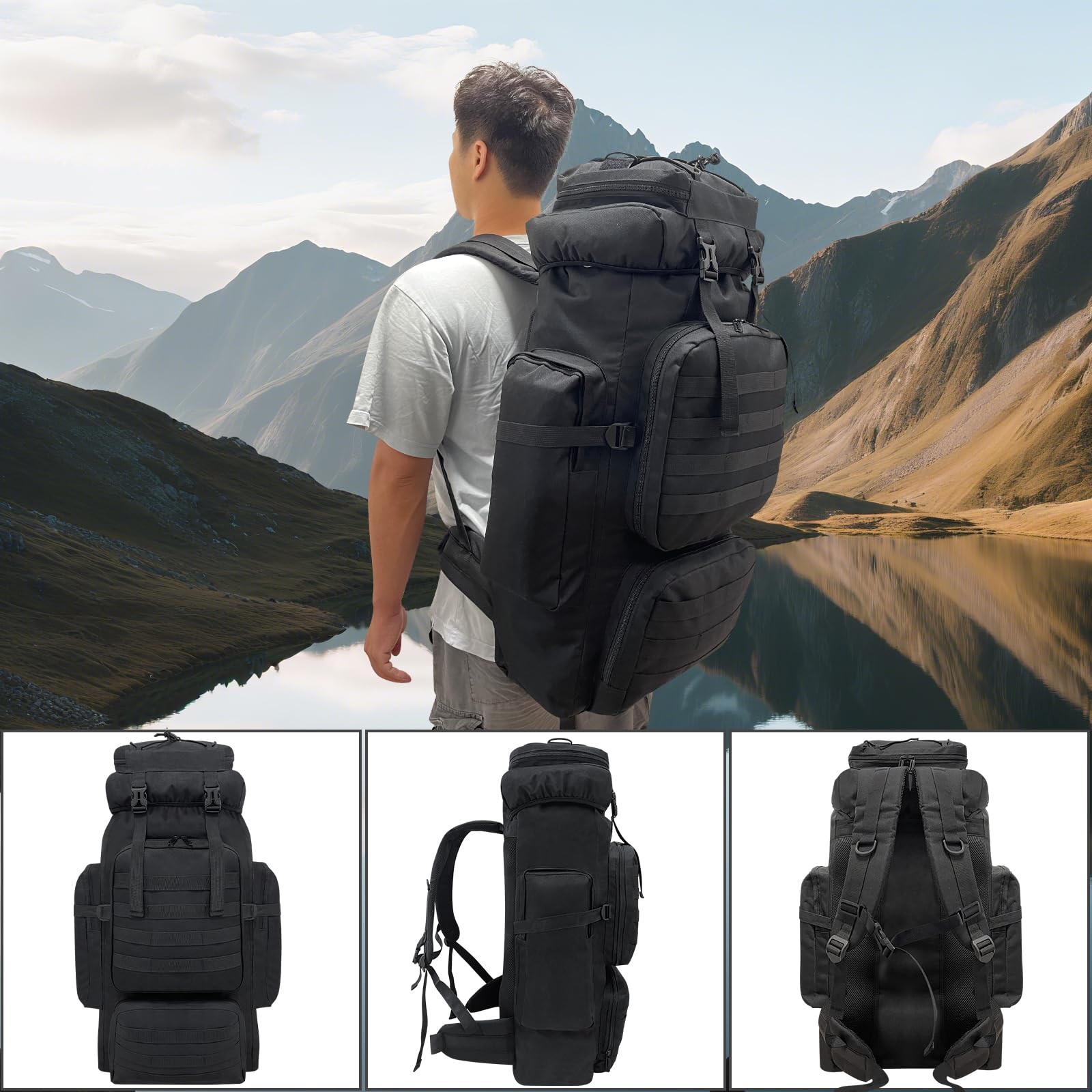 Ogetok 80L Hiking Backpack Camping Rucksack, 80 liters Large Capacity Outdoor Knapsack Travel Climbing Mountaineering Carry On Backpack Bag, Trekking Backpacking for Men Women, Black