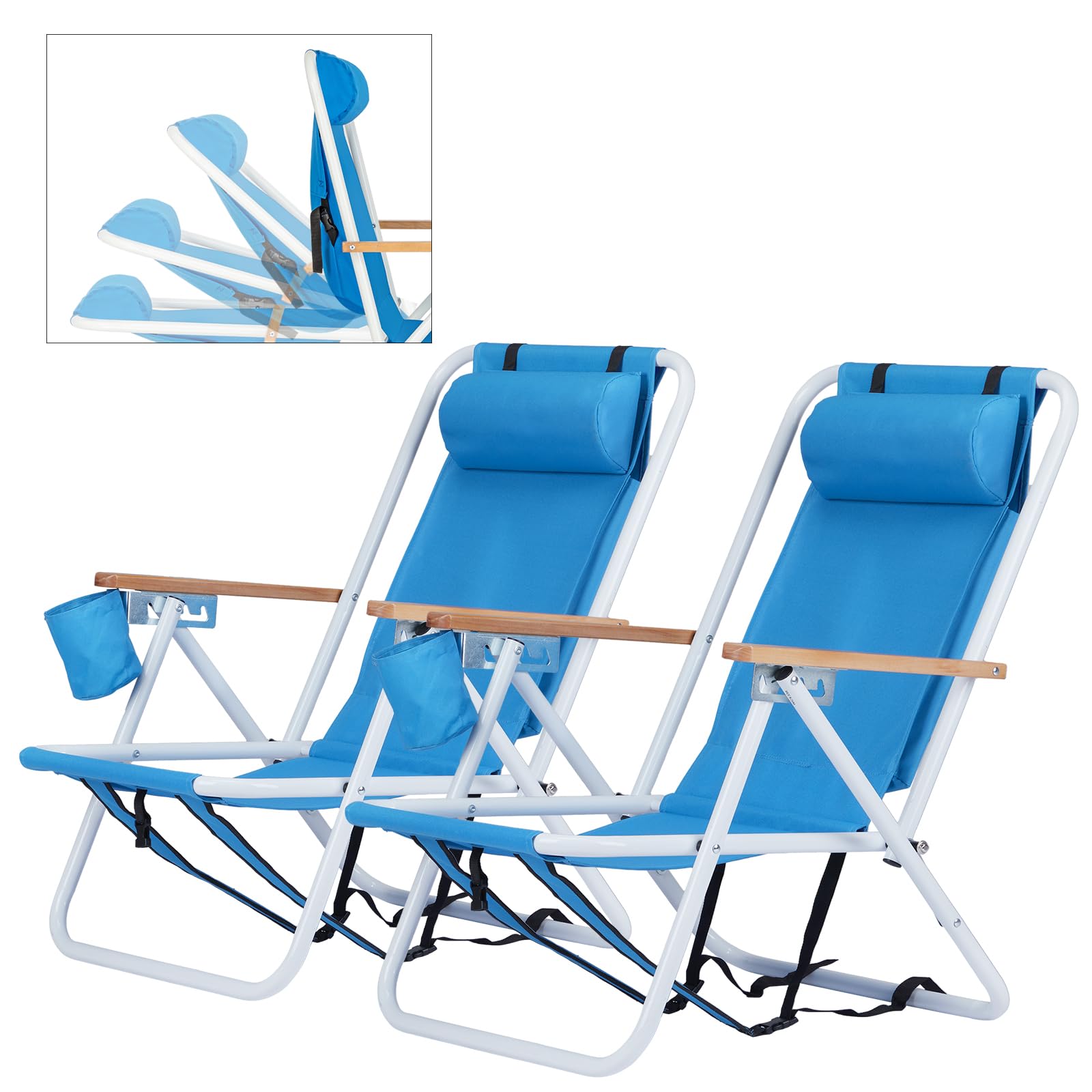 Outopee Set of 2 Folding Beach Chair, Portable Camping Backpack Beach Chair with 4 Level Positions, Adjustable Headrest, Cup Holder for Fishing Poolside Picnic, 120kg Capacity, Blue