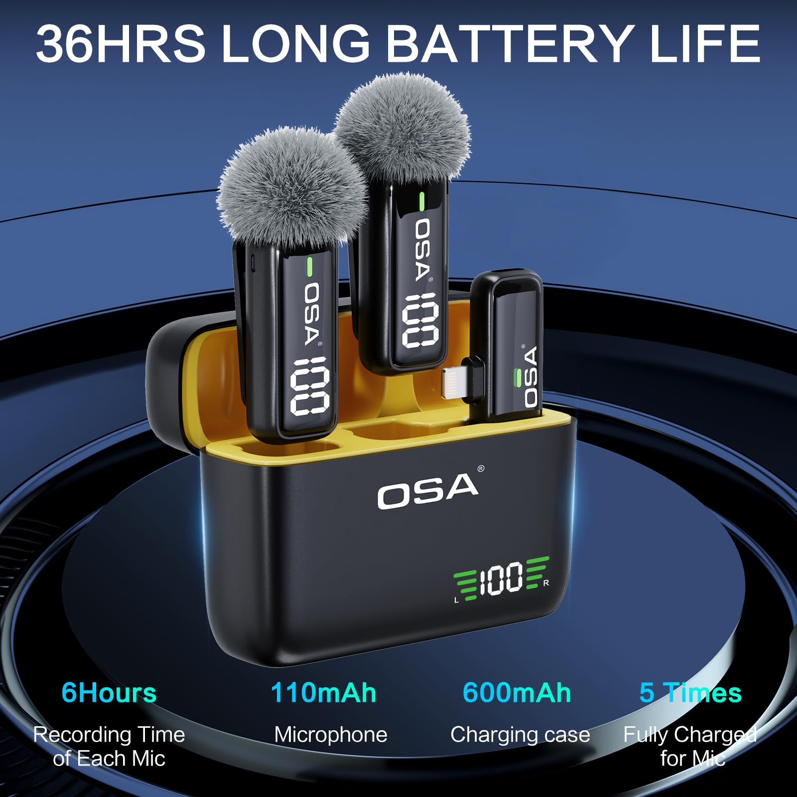 OSA Wireless Microphone for iPhone iPad with Smart Charge Case and Digital Display, 40H Clip on Wireless Lavalier Microphone with Noise Reduction for Video Recording, Plug & Play (2 Mic, 2 Recive)