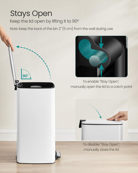 SONGMICS Kitchen Bin, 8-Gallon (30 L) Trash Bin, Steel Pedal Bin, with Inner Bucket, Soft Close and Stays Open, Metallic Silver LTB593E01