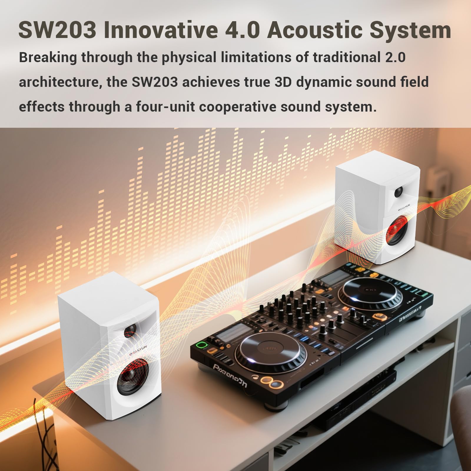 Sanyun SW203 4.0 Computer Speakers - 60W 4-Way DSP Control 3D Immersive Sound - 3" Carbon Fiber Woofer & 20mm Silk Dome Tweeter - 24bit DAC USB/Bluetooth 5.4/AUX - Studio-Grade Audio (Pair, Black)