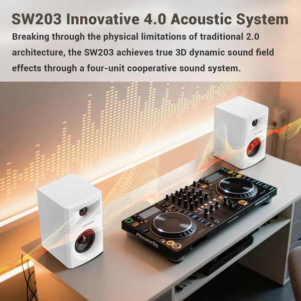 Sanyun SW203 4.0 Computer Speakers - 60W 4-Way DSP Control 3D Immersive Sound - 3" Carbon Fiber Woofer & 20mm Silk Dome Tweeter - 24bit DAC USB/Bluetooth 5.4/AUX - Studio-Grade Audio (Pair, Black)
