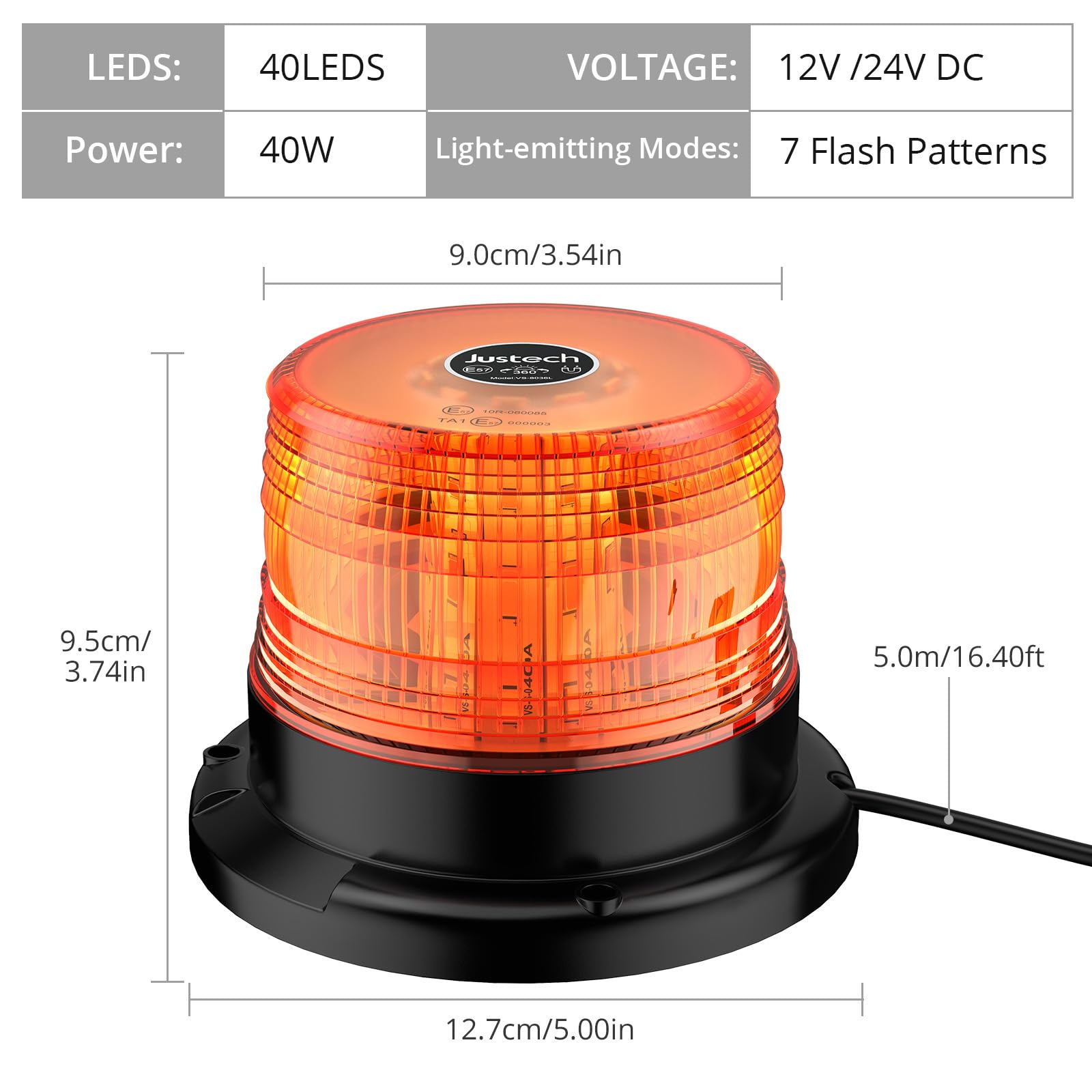 Justech 12/24V 40W 40 LED Flashing Beacon Light Emergency Warning Strobe Light Amber Strobe Lights 7 Flash Modes Waterproof with Magnetic Base for Truck Vehicle