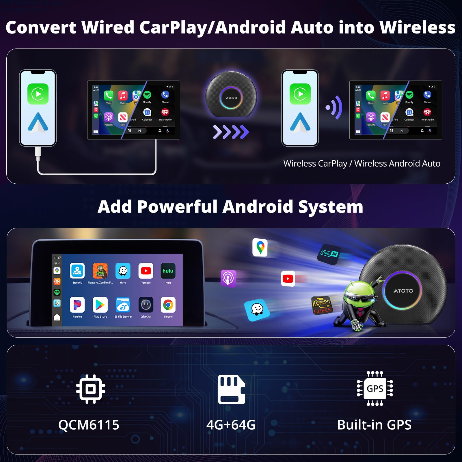 CB6 CarPlay AI Box Android 13 CarPlay Wireless/Android Auto Converts Wired to Wireless with 4G LTE, 5G Wi-Fi, 2 Bluetooth, AI Dongle, Support for YouTube, 4G+64G, Black