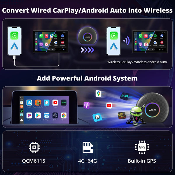 CB6 CarPlay AI Box Android 13 CarPlay Wireless/Android Auto Converts Wired to Wireless with 4G LTE, 5G Wi-Fi, 2 Bluetooth, AI Dongle, Support for YouTube, 4G+64G, Black