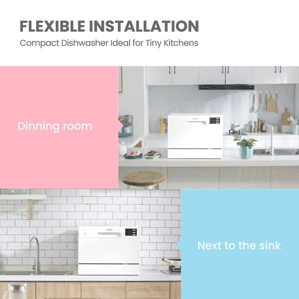 COMFEE' Table Top Dishwasher with 6 Place Settings, Mini Countertop Dishwasher for Small Families, Couples, LED display, Delay Start, 47dB Quiet Noise, White