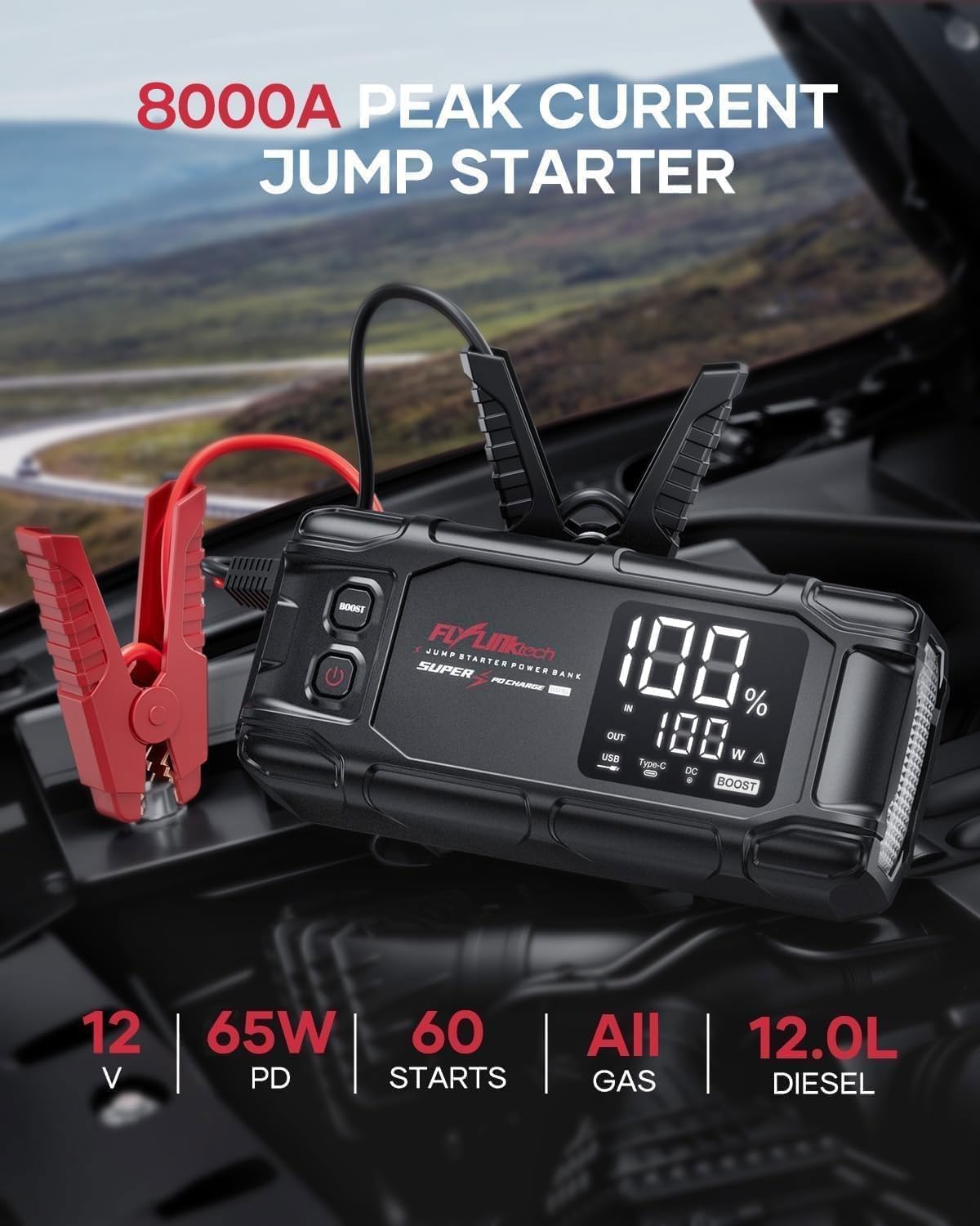 Jump Starter Power Pack, FLYLINKTECH 8000A Peak 26800mAh Car Battery Booster Jump Starter Bank with PD65W Fast Charging for All Gas or 12L Diesel, 12V Battery Jumper with 600 Lumen Light, Jump leads