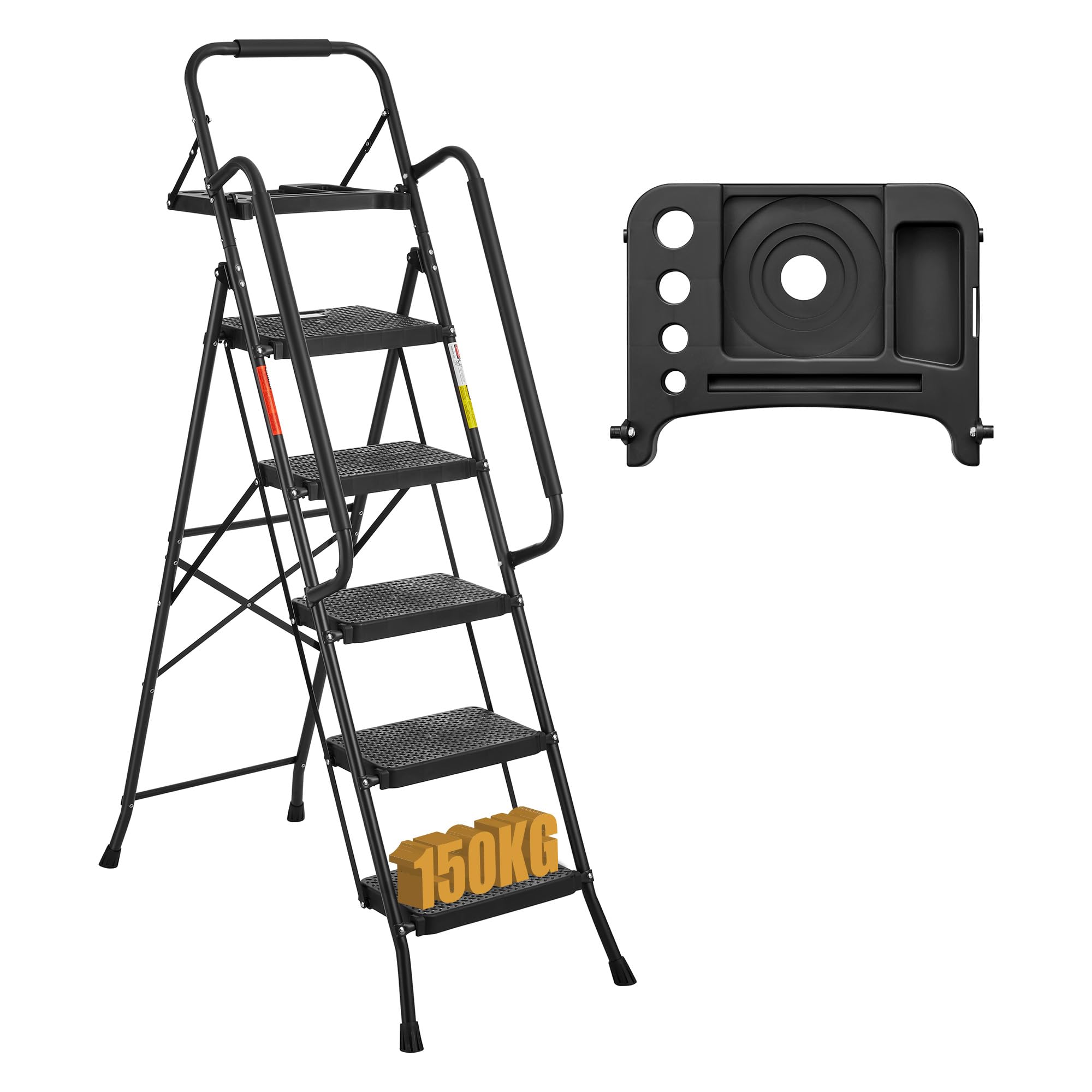 BONTEC 4 Step Ladder Folding, Heavy Duty Foldable Step Stool with Wide Anti-Slip Pedals, Sponge Handrail and Tool Tray, Portable Household Ladder 150kg Capacity, Compact Collapsible Indoor Ladder