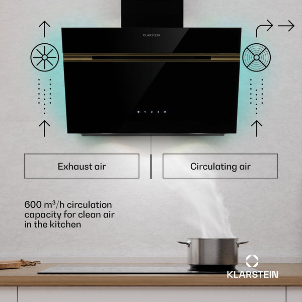 Klarstein Alina 90 Angled Cooker Hood - 600m³/h Air Flow, Touch Panel, LED Backlighting, Quiet 63dB, Energy Class A, 90cm Extractor Hood, Black
