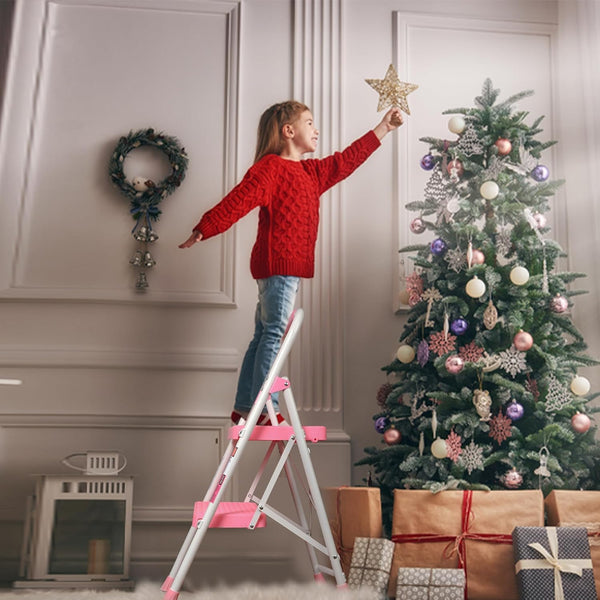 BONTEC 2 Step Ladder, Capacity 150KG with Wide Anti-Slip Pedals, Folding Steel Step Stool, Sponge Handlebar, Lightweight Portable Ladder Suitable for Home, Kitchen, Pantry, Indoor/Outdoor Use, Black