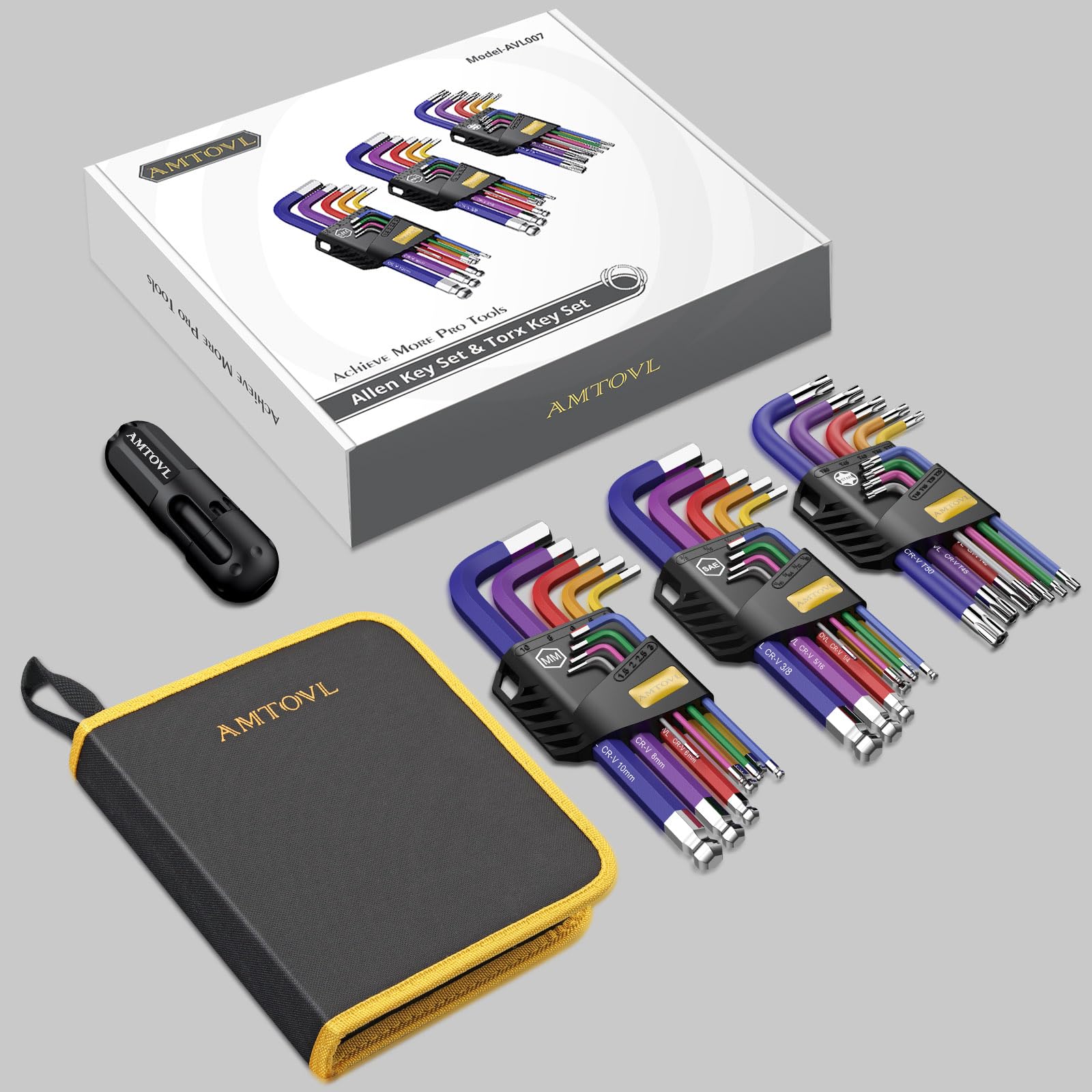 AMTOVL Hex Keys Set, 27PCS Allen Key Set & Star Key Set, Magnetic S2 Steel Metric Imperial Extra Long Ball End Hex Key Set with Color Coding with T-Handle for Bicycle Repair Household DIY