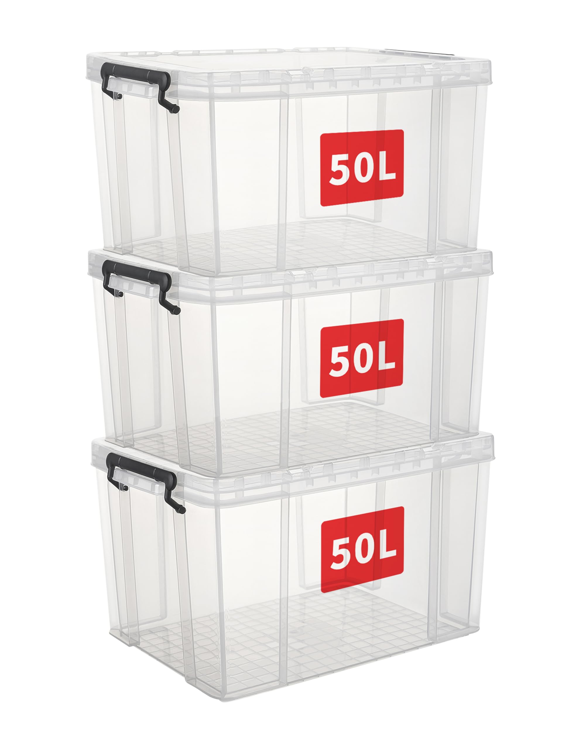 Cetomo 50L*3 Storage Boxes, Stackable Storage Box with Lids, Heavy-Duty Lidded Container with Reinforced Corners, Vertical Sides and Clip Closure,