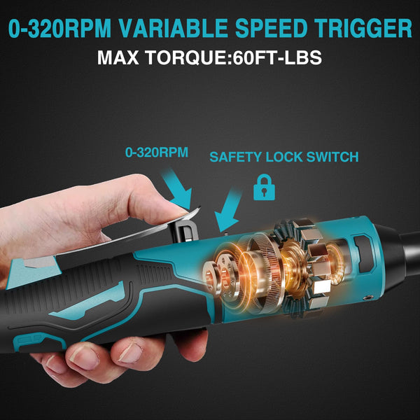 Funnyway 20V Cordless Ratchet Wrench, 3/8”Cordless Ratchet, Max Torque 80N.m, 320RPM Power Battery Ratchet with Variable Speed, Including 2 x 2.0Ah Batteries, LED Light, 6 Sockets (Red)