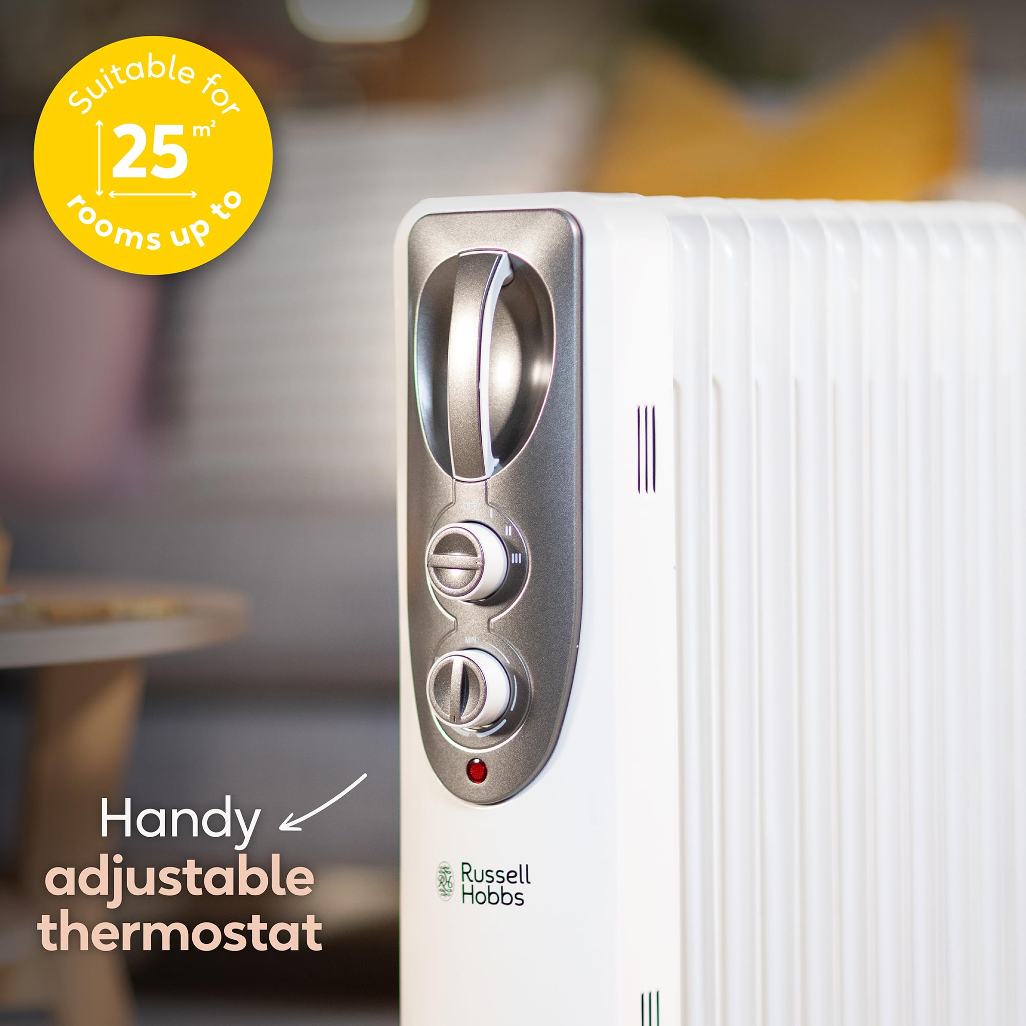 Russell Hobbs 1500W/1.5KW Oil Filled Radiator, 7 Fin Portable Electric Heater - White, Adjustable Thermostat with 3 Heat Settings, Safety Cut-off, 15 m sq Room Size, RHOFR5001, 2 Year Guarantee