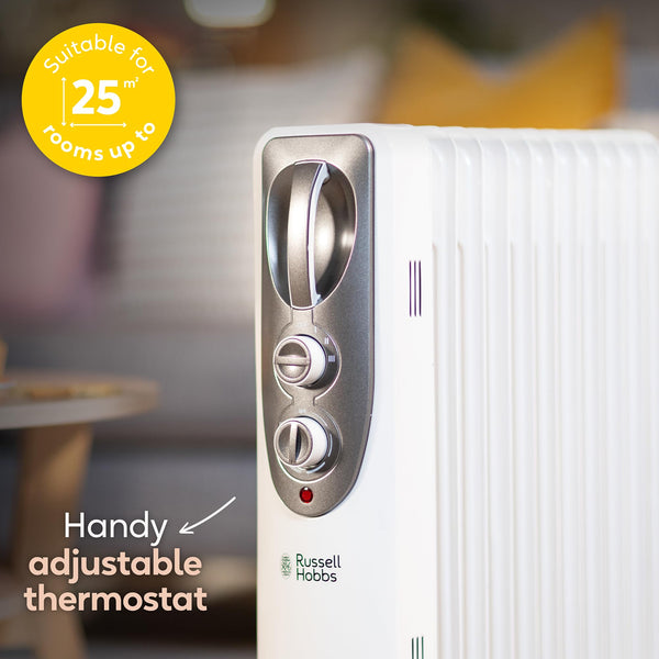 Russell Hobbs 1500W/1.5KW Oil Filled Radiator, 7 Fin Portable Electric Heater - White, Adjustable Thermostat with 3 Heat Settings, Safety Cut-off, 15 m sq Room Size, RHOFR5001, 2 Year Guarantee