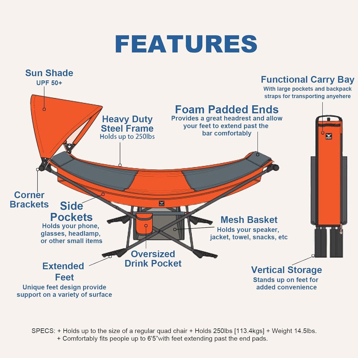 MOCK ONE Hammock with Stand with Adjustable Sunshade Canopy, Portable Free Standing Hammock with Steel Frame for Outdoor, Garden, Camping, Beach, Orange