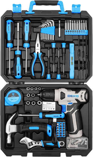 Tool Kit: DEKO Drill Set with Cordless Drill, Tool Kit Set Box, DIY Hand Tools for Men and Home, with 8V Electric Drills Blue,126 Pieces