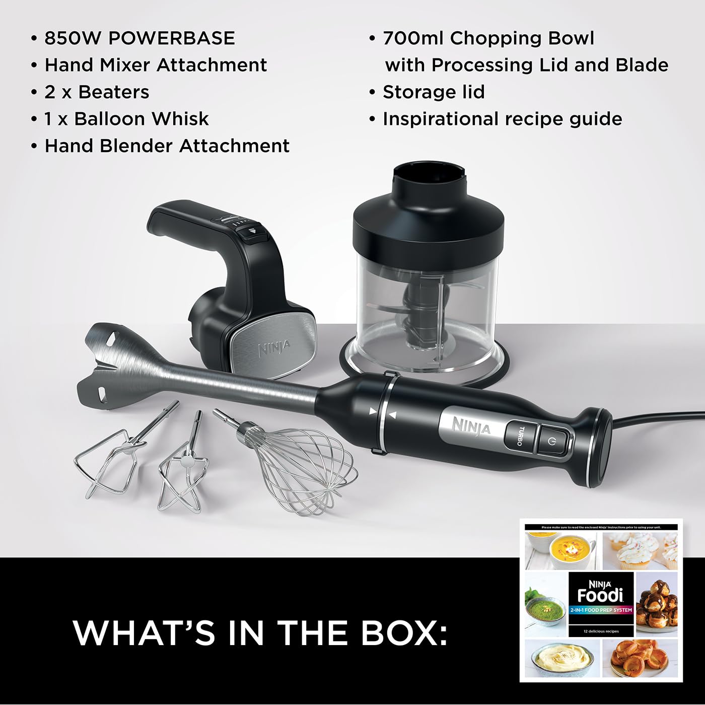 Ninja Foodi 3-in-1 Hand Blender, Hand Mixer & Chopper, Food Processor with 3 Attachments, 850W Powerbase, Immersion Blender, 5 Mixing Speeds, 2 Blending Speeds, 1.5m Cord, Black CI100UK