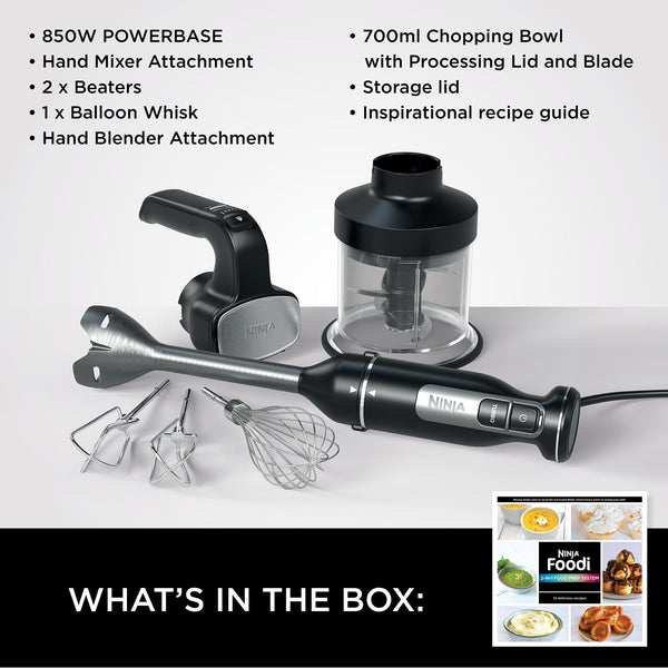 Ninja Foodi 3-in-1 Hand Blender, Hand Mixer & Chopper, Food Processor with 3 Attachments, 850W Powerbase, Immersion Blender, 5 Mixing Speeds, 2 Blending Speeds, 1.5m Cord, Black CI100UK