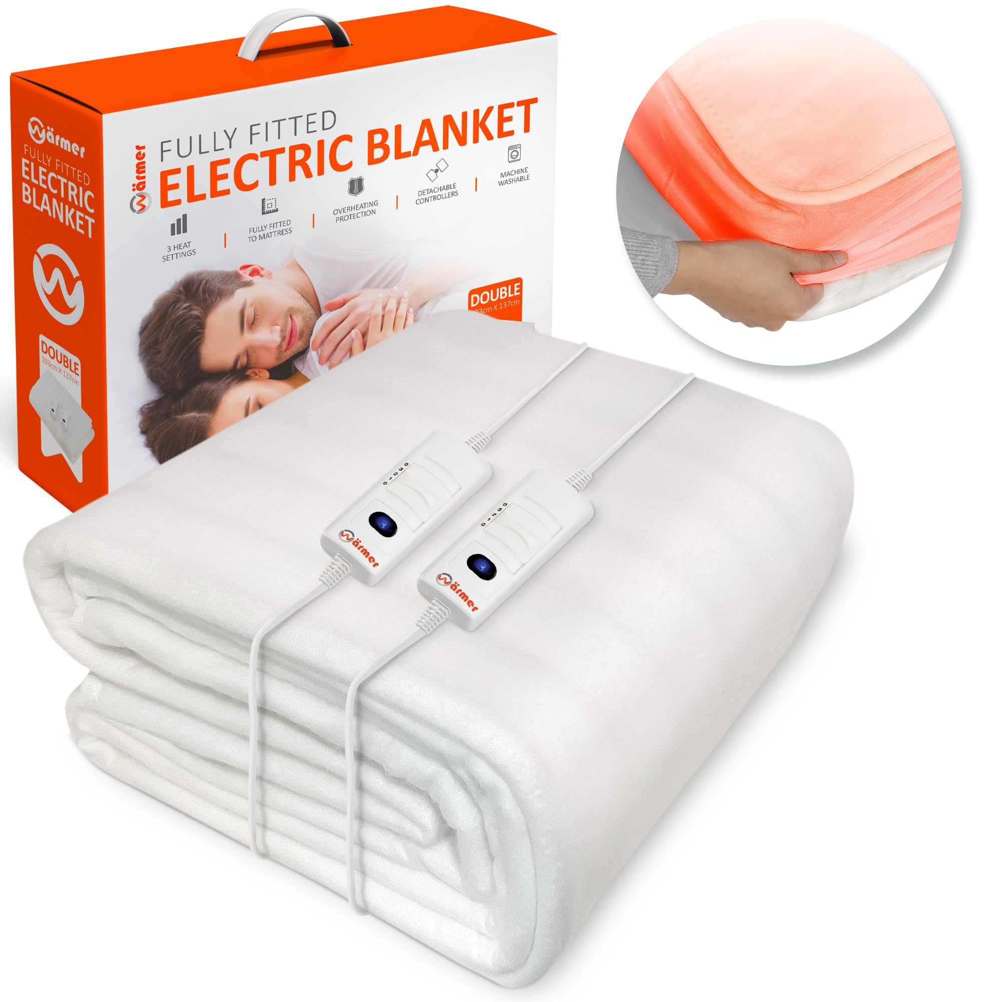 Wrmer Electric Blanket Double Size - Dual Control, Fully Fitted Mattress Cover with Elasticated Skirt, 3 Heat Settings, 2 X Detachable Controllers -