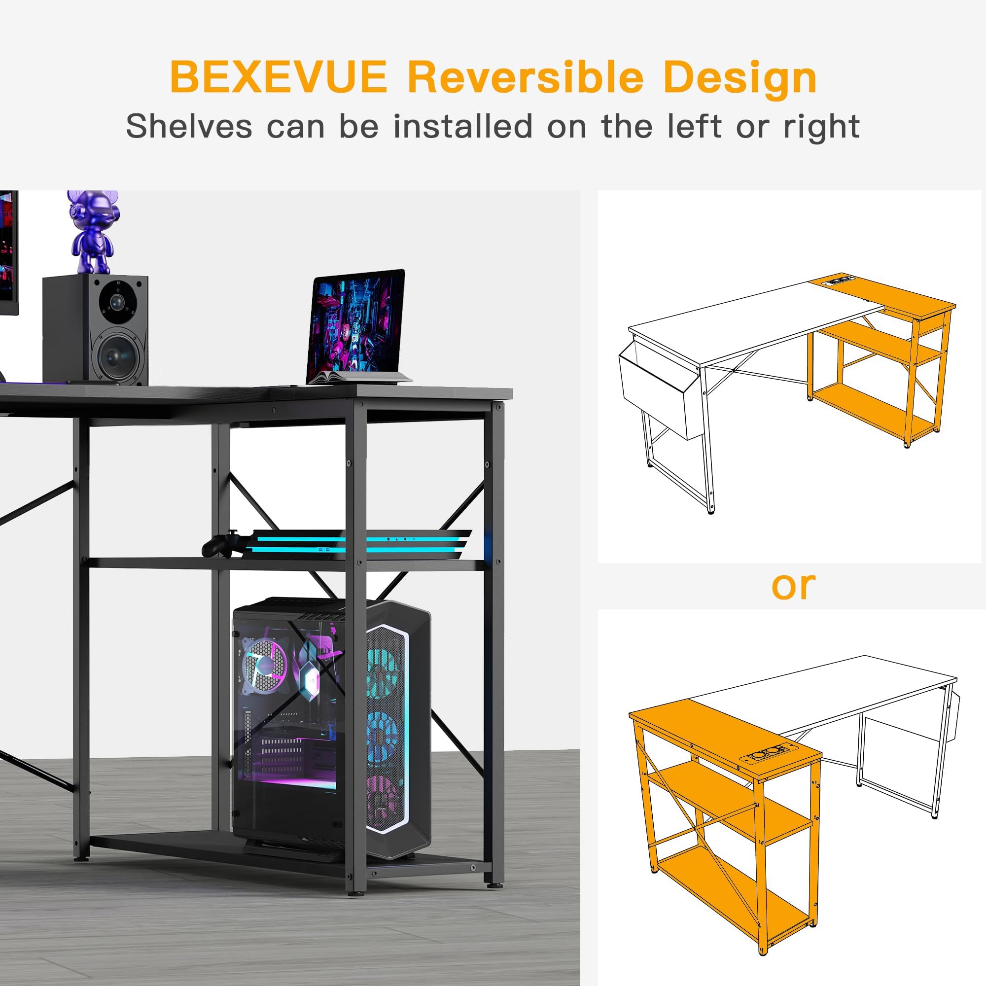 BEXEVUE L Shaped Gaming Desk, 100x70 cm Computer Desk with Storage Bag, Office Desk Small Writing Table with Large Reversible Storage Shelves, Workstation for Study Play Work Home Office, Black