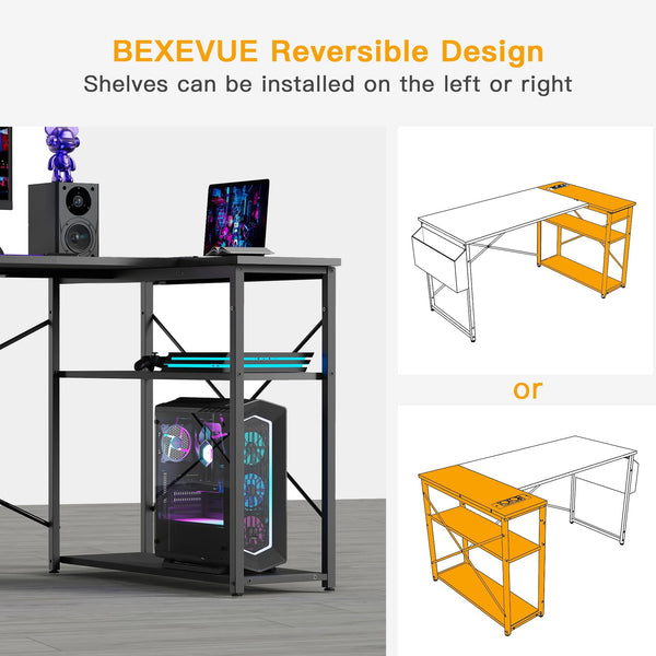 BEXEVUE L Shaped Gaming Desk, 100x70 cm Computer Desk with Storage Bag, Office Desk Small Writing Table with Large Reversible Storage Shelves, Workstation for Study Play Work Home Office, Black
