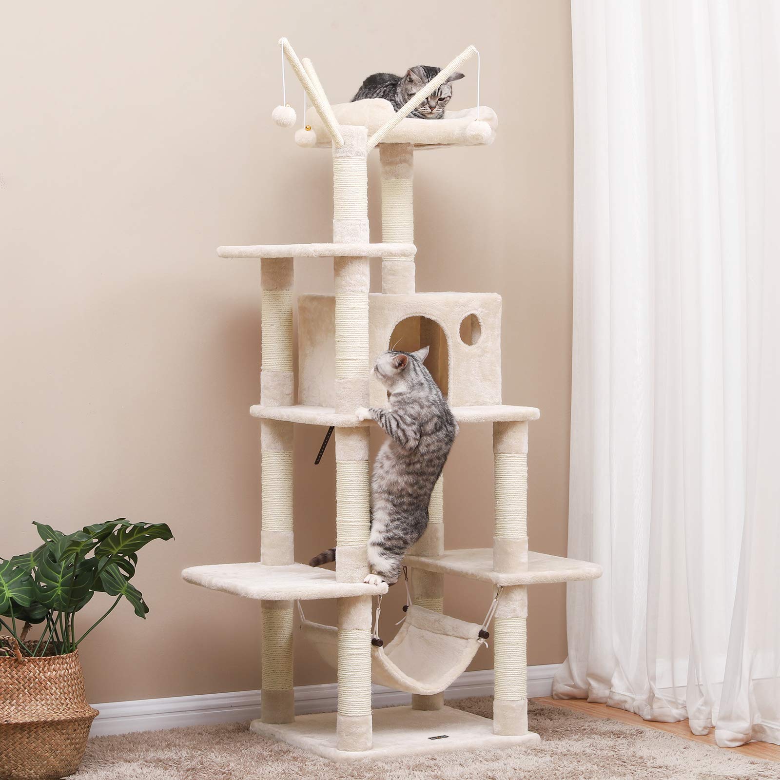 FEANDREA Cat Tree, Cat Condo with Hammock, Perch, Cat Tower, Beige PCT86M