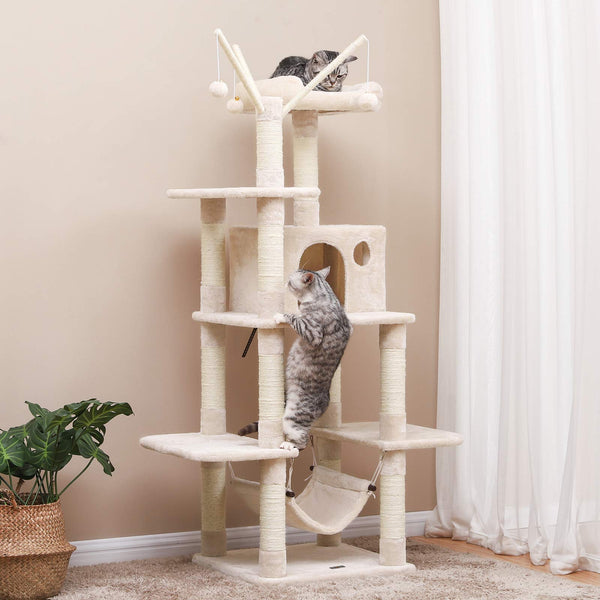 FEANDREA Cat Tree, Cat Condo with Hammock, Perch, Cat Tower, Beige PCT86M