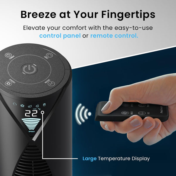 Pro Breeze Bladeless Tower Fan Quiet & Portable with Remote Control, 90° Oscillation, 15h Timer, 4 Modes, 3 Speeds - Powerful Electric 45W Motor Standing Air Circulator for Bedroom & Office