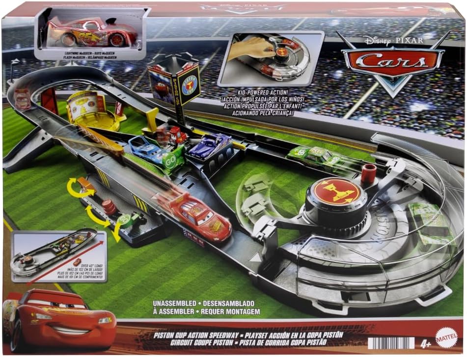 Mattel Disney and Pixar Cars Track Set, Piston Cup Action Speedway Playset with 1:55 Scale Lightning McQueen Die-Cast Toy Car, HPD81