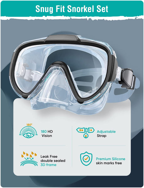 Lealinga Snorkel Set Adults Snorkel Mask Anti-Fog Panoramic View Diving Mask Dry Top Snorkel Kit with Travel Bag Diving Set for Snorkeling Scuba Diving Swimming Travel