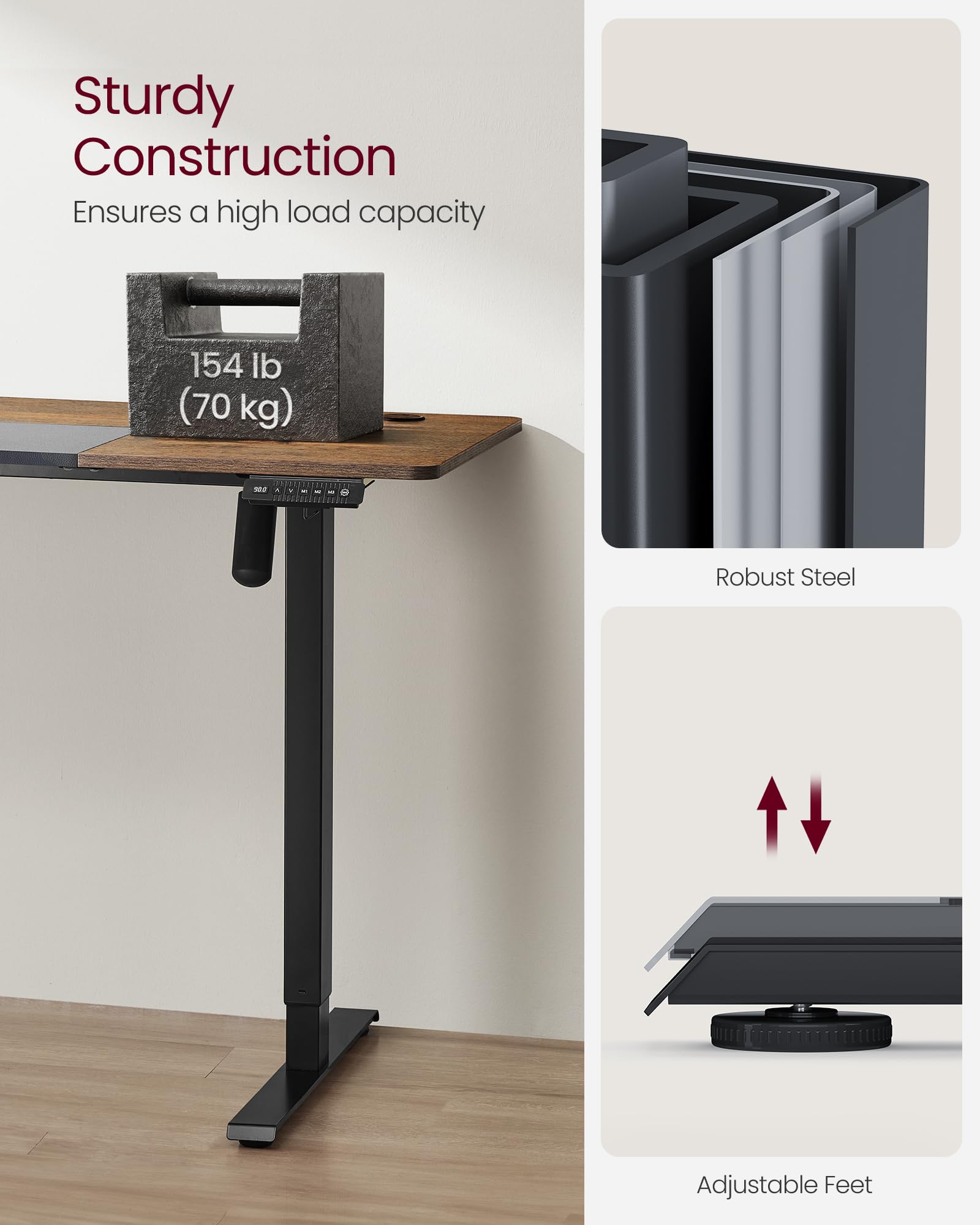 VASAGLE Electric Standing Desk, Height Adjustable Desk, 60 x 140 x (72-120) cm, 4 Memory Heights, Storage Pocket, for Home Office, Study, Rustic Brown and Ink Black LSD134K02